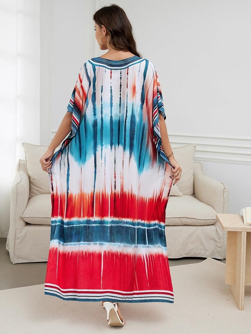 IMAGEKOPE Women's Plus Size Loose Fit Moroccan Print V-Neck Batwing Kaftan Beach Dress Bathing Suit Cover Up - Image 5